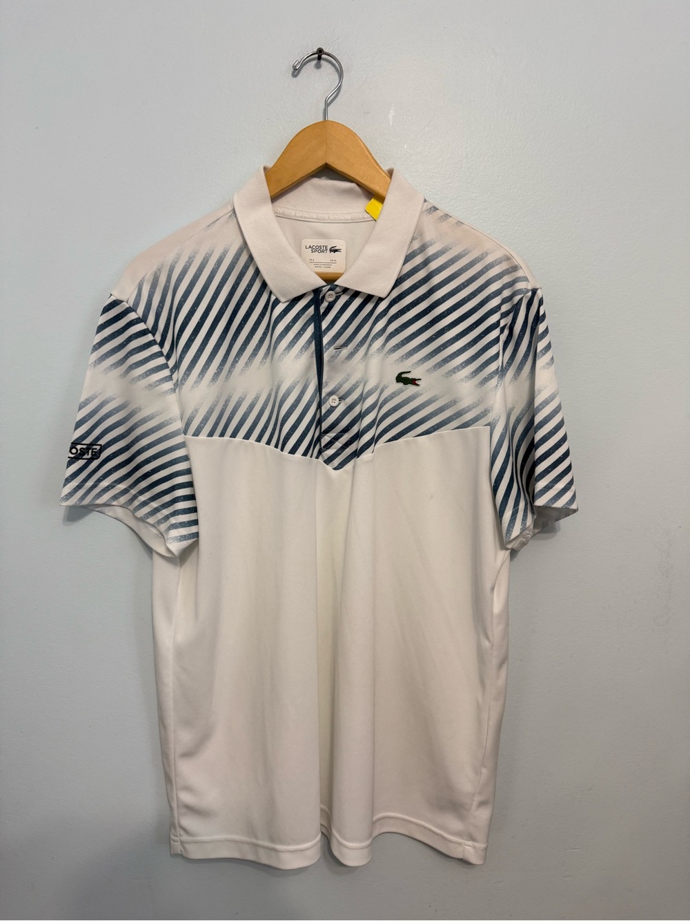 Lacoste Men's White Polo with Navy Diagonal Stripe Yoke
